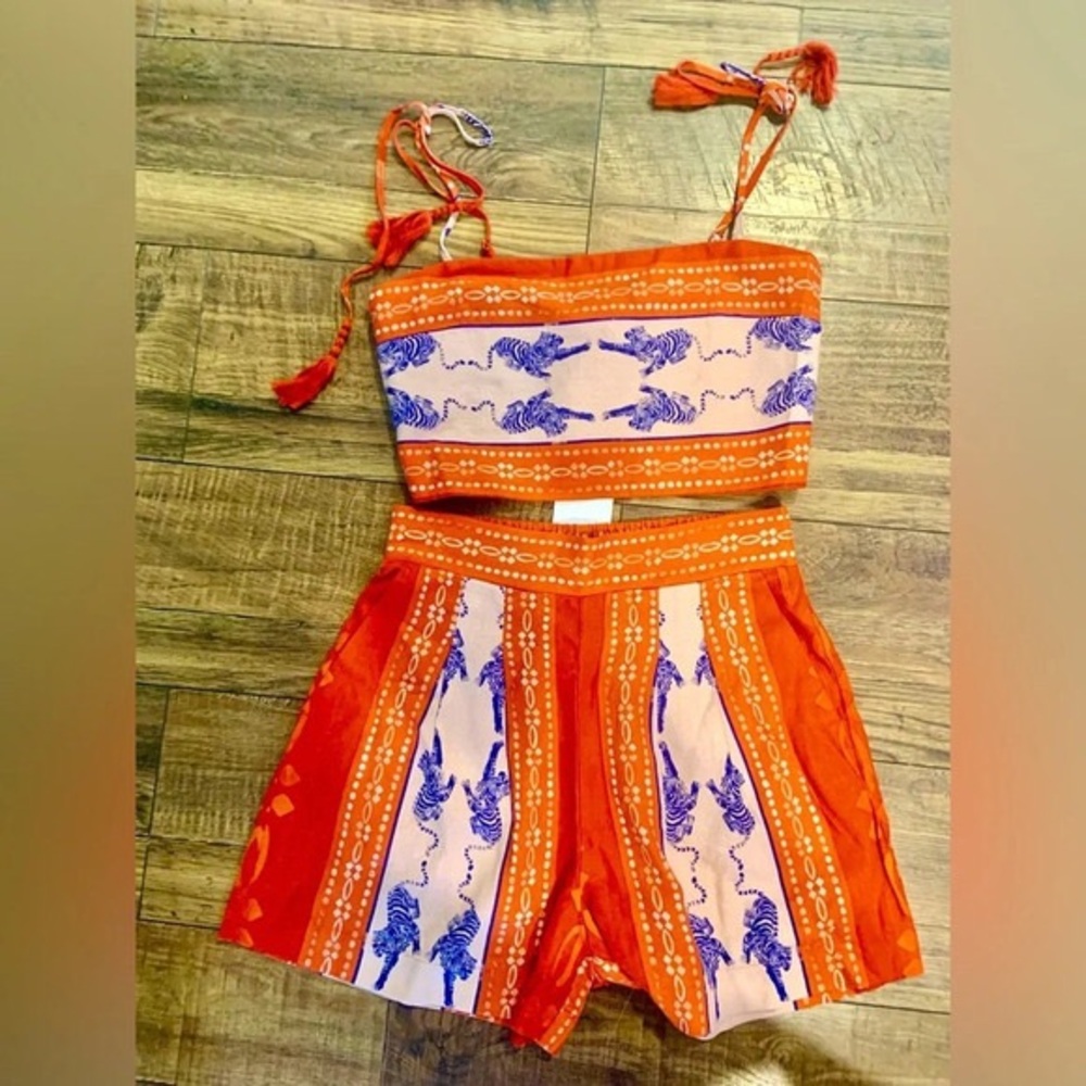 Nwt Caroline Constas 2 pc linen tassel tiger resort set 300$ revolve spring